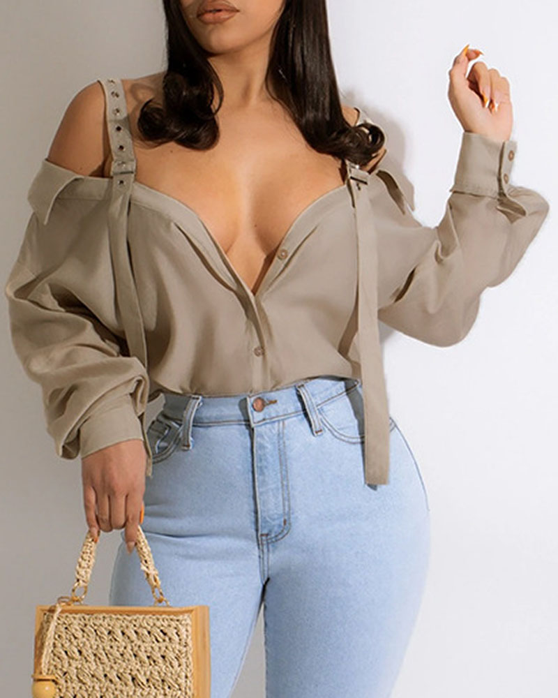 

Cold Shoulder Casual Solid Split Joint Shirt, Coffee