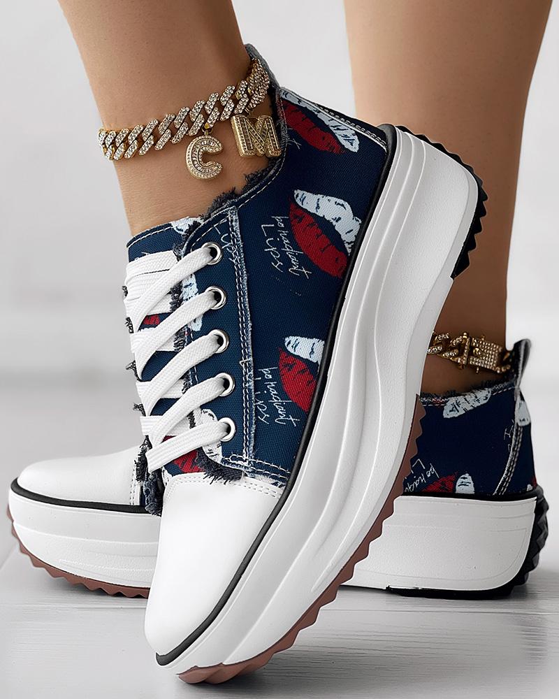 Lip Letter Print Raw Hem Muffin Sneakers