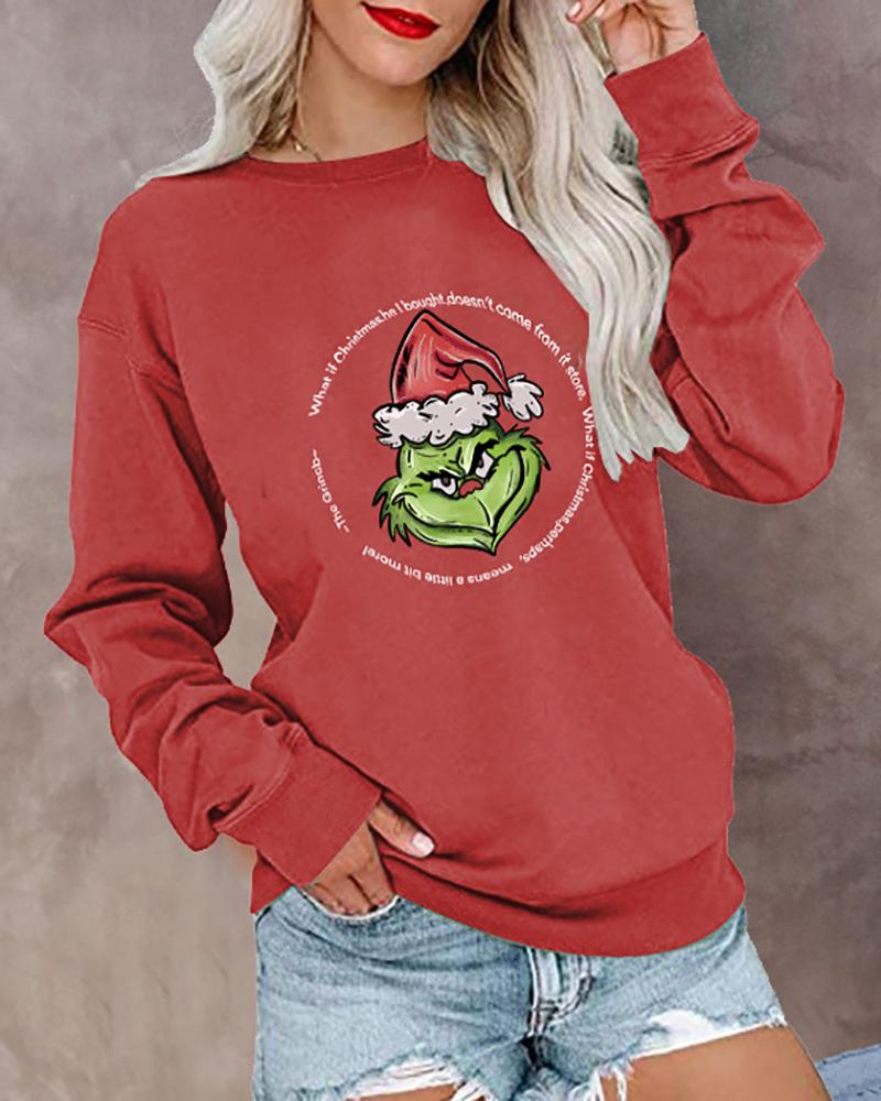 

Christmas Grinches Letter Print O-Neck Top, Red