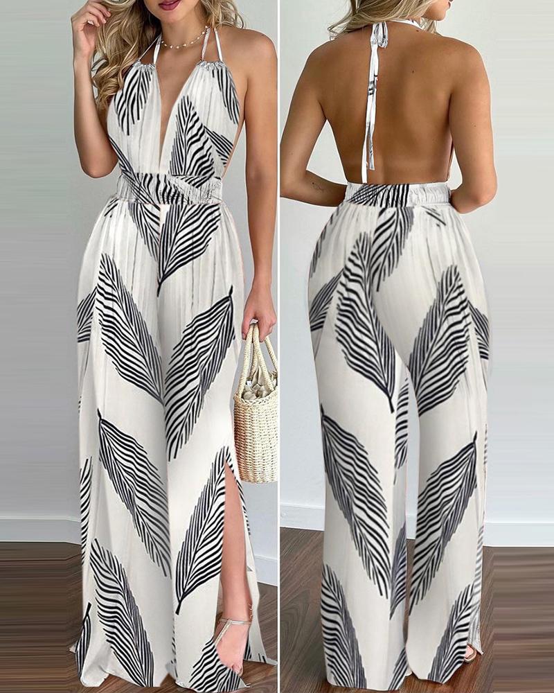

Halter Backless Leaf Print Slit Leg Jumpsuit, White