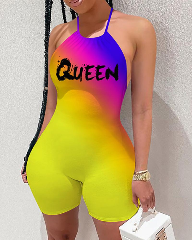 

Letter Print Halter Gradient Color Romper, Yellow