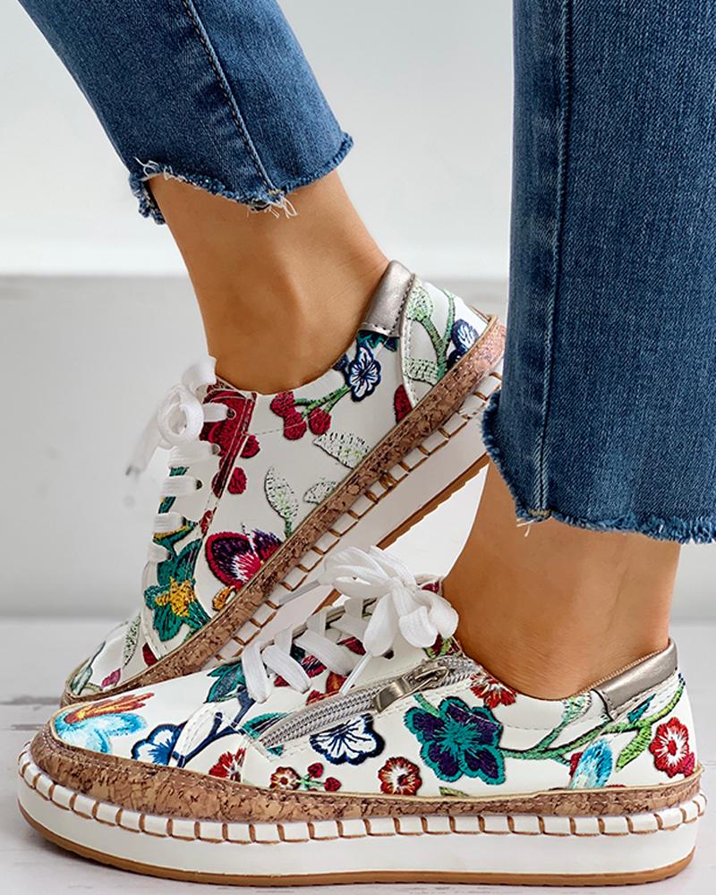 

Floral Embroidery Lace-up Muffin Sneakers, Multicolor