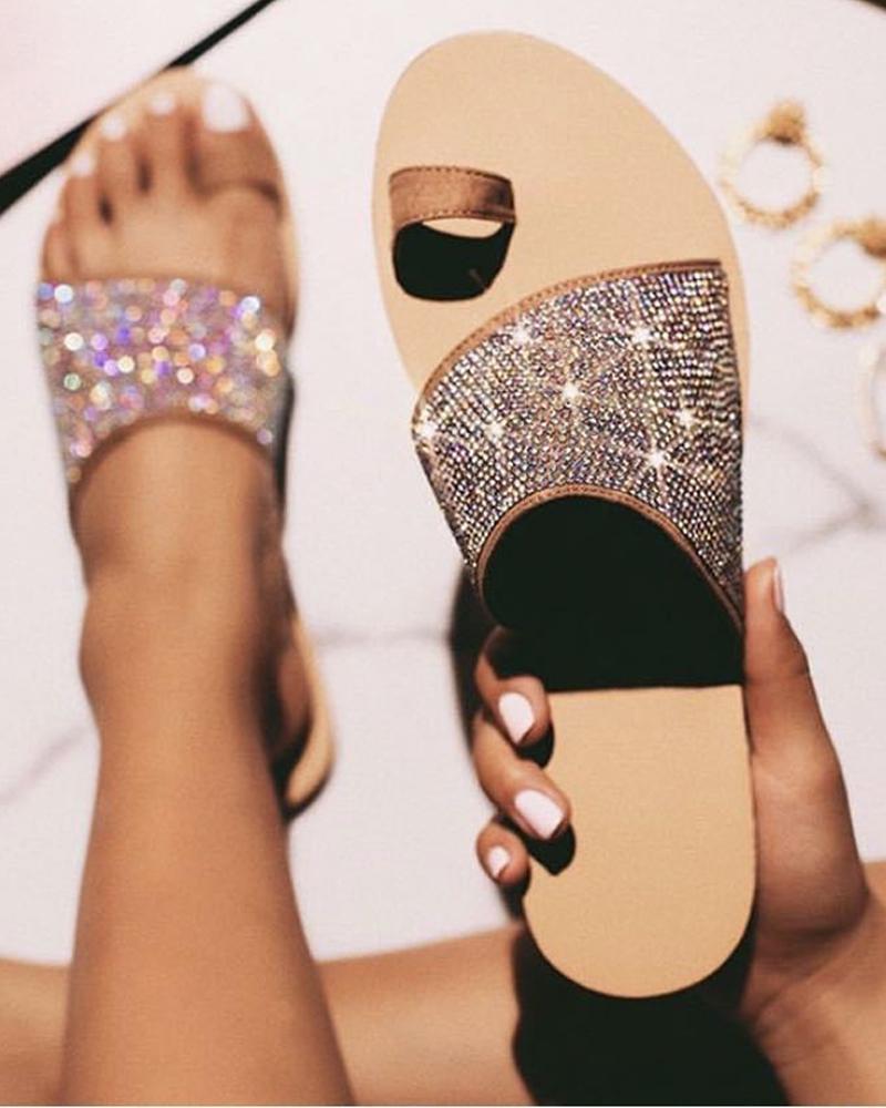 

Casual Open Toe Rhinestone Flat Sandals, Apricot