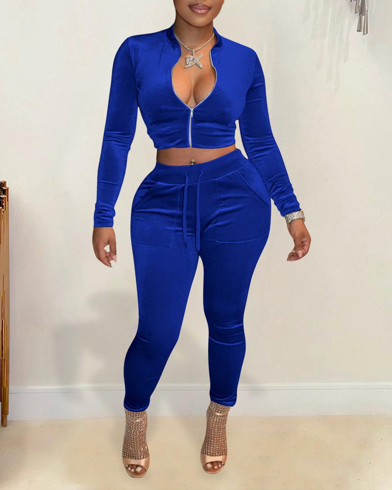 

Velvet Long Sleeve Zip Up Crop Top & Pants Set, Blue