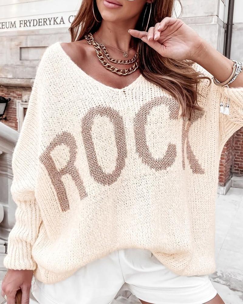 

Letter Print V-Neck Chunky Knit Oversized Sweater, Apricot