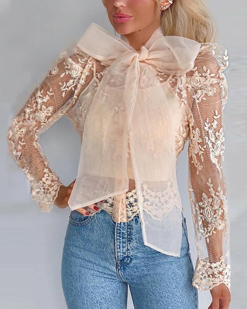 

Floral Sheer Mesh Bowknot Tie Front Long Sleeve Top, Apricot