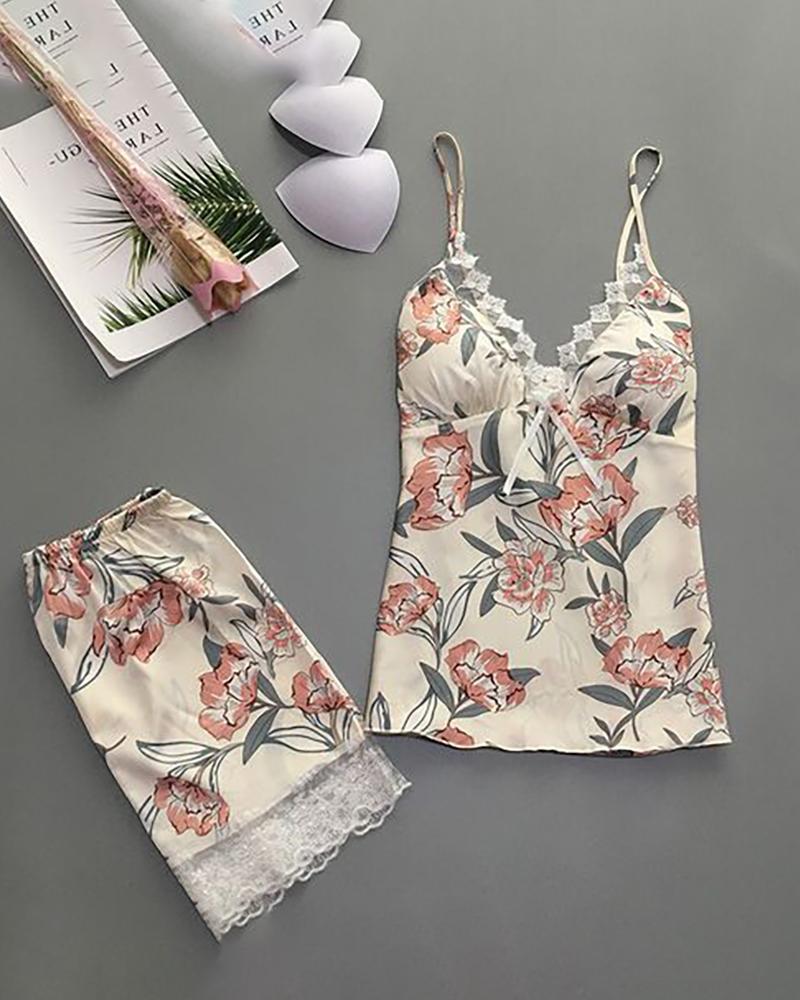

Floral Print Spaghetti Strap Lace Trim Cami Set, Beige