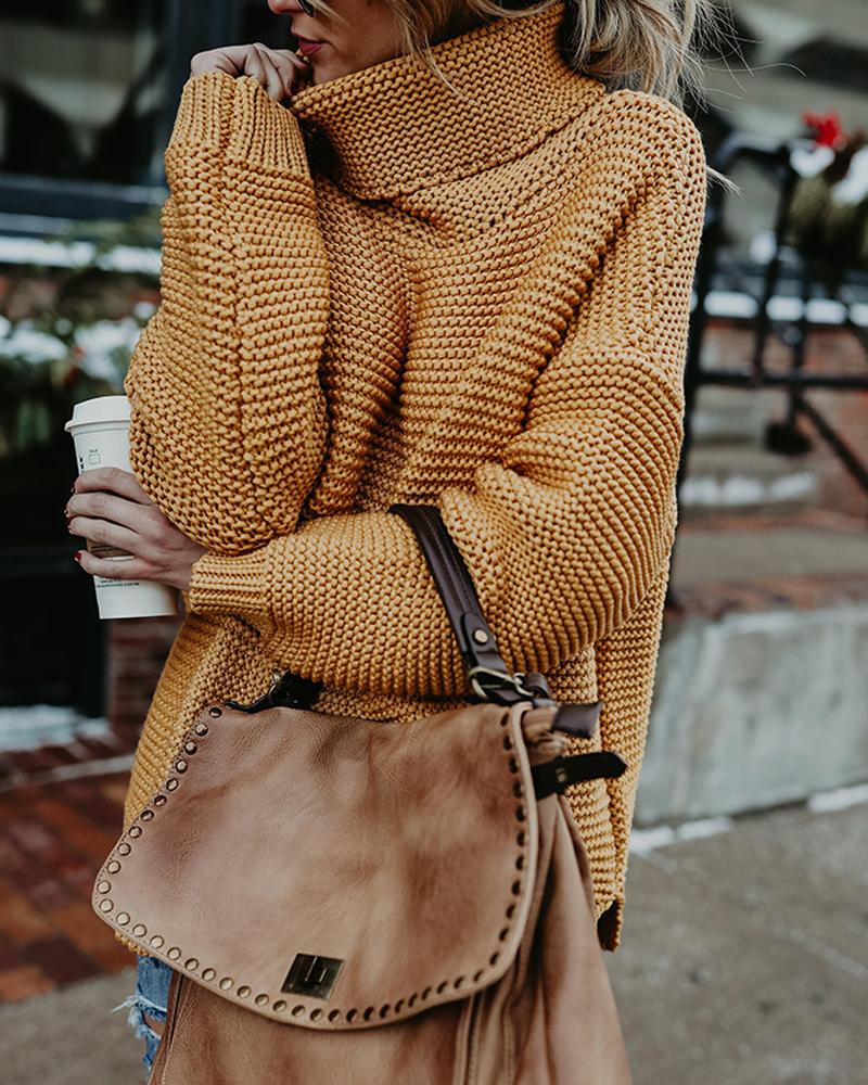 

Long Sleeve High Neck Chunky Knit Sweater, Yellow