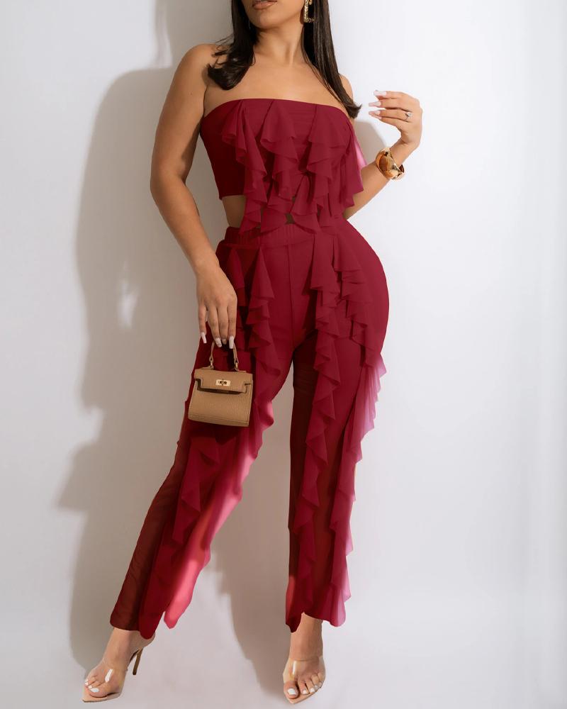 

Ruffle Hem Crop Tube Top & Sheer Mesh Pants Set, Wine red