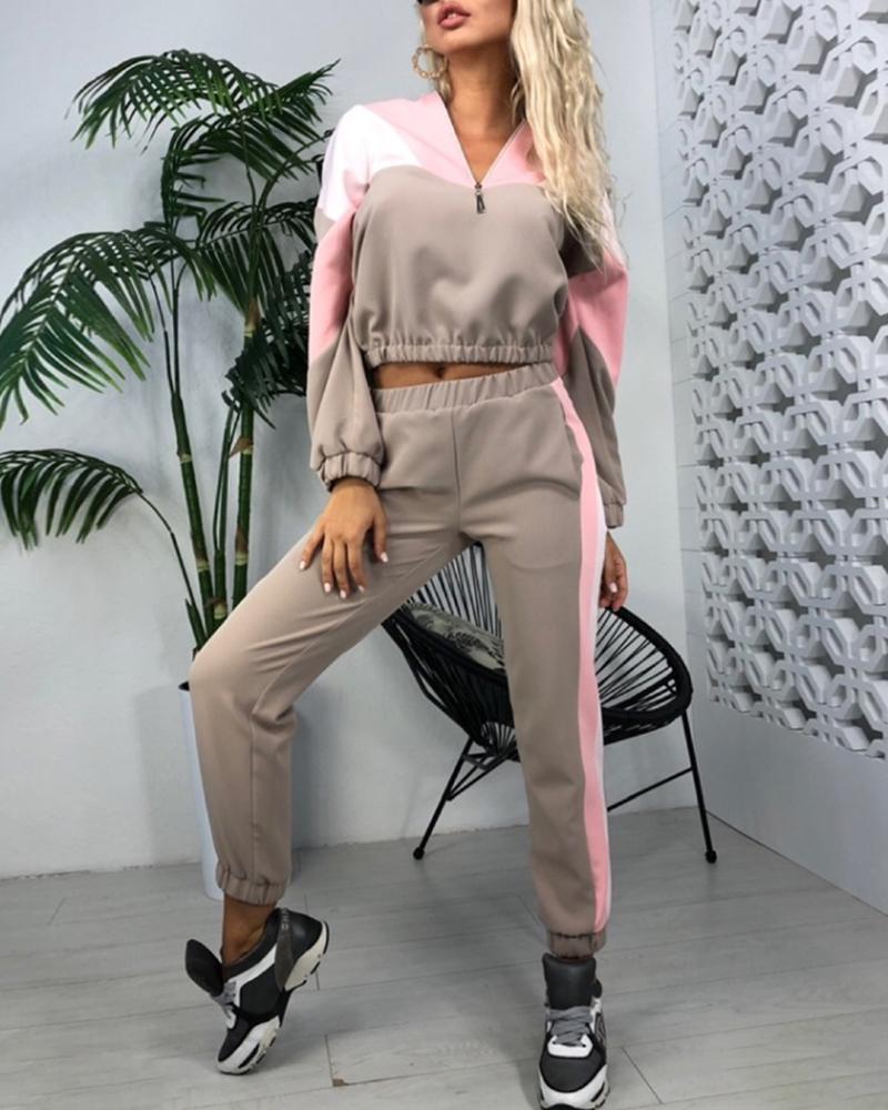 

Stand Collar Colorblock Zipper Design Top & Pants Sets, Khaki