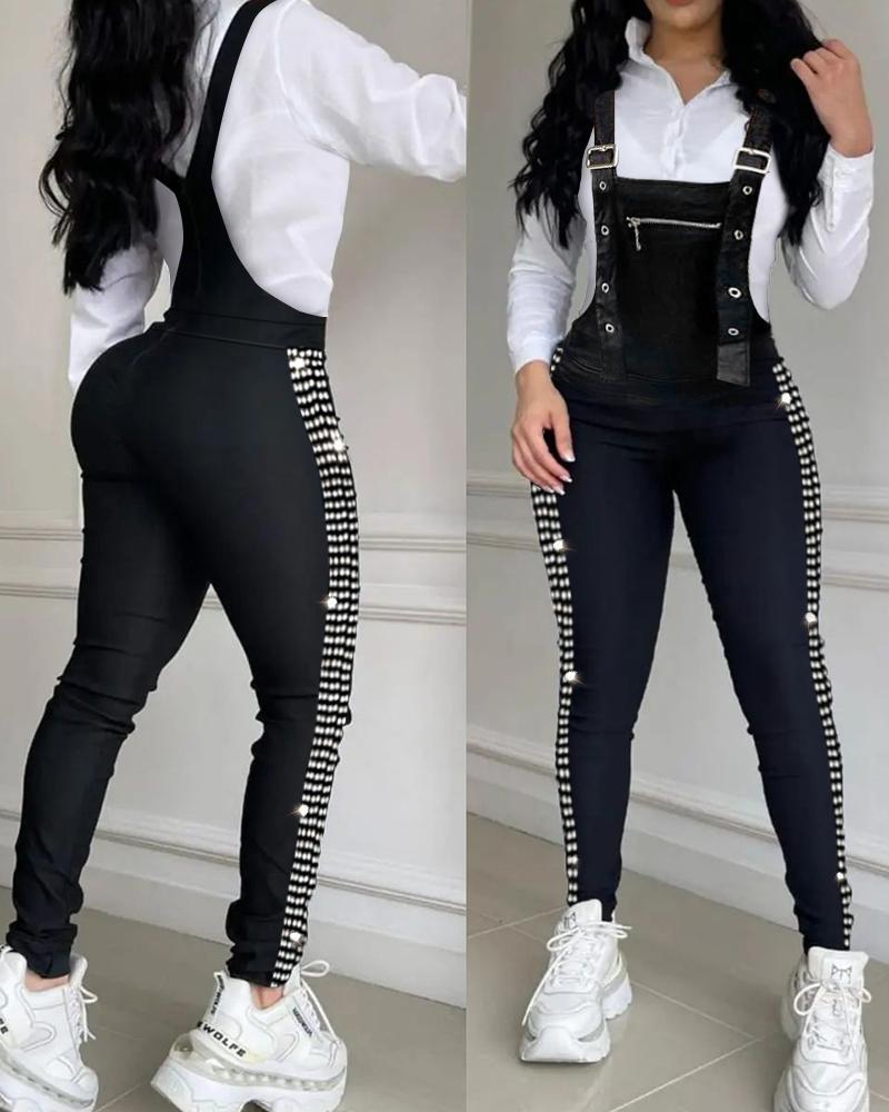 

Rhinestone Decor Buckled Suspender Jumpsuit, Black