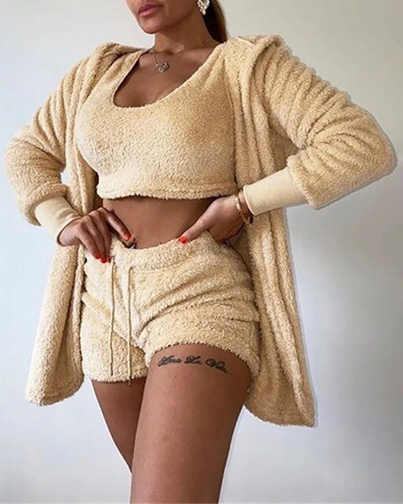 

Fluffy Drawstring Pajamas Set With Cardigan, Apricot