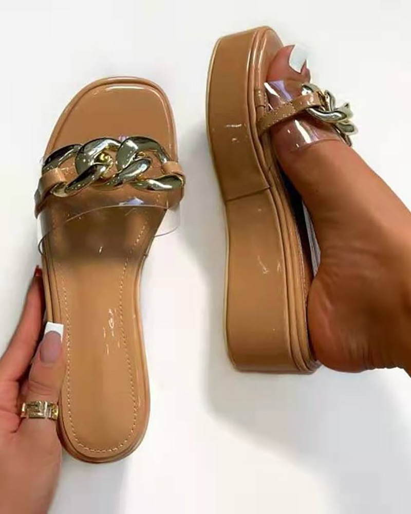 

Chain Decor Open Toe Platform Slippers, Khaki