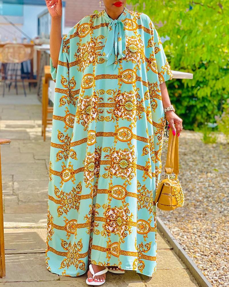 

Tie Neck Baroque Print Maxi Flowy Dress, Blue