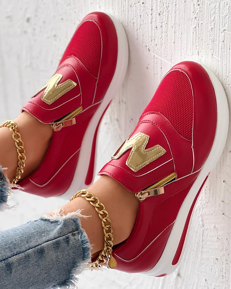 

Letter Pattern Side Zipper Sneakers, Red