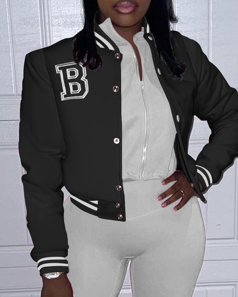 

Letter Pattern Long Sleeve Baseball Jacket, Black