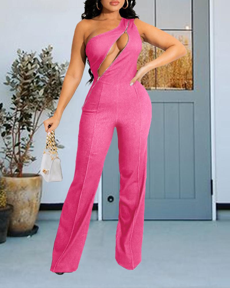 

One Shoulder Zip Front Cutout Denim Jumpsuit, Pink