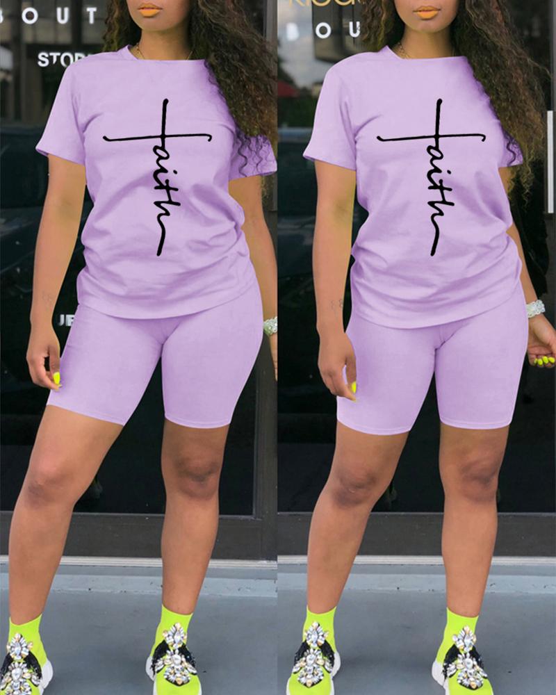 

Letter Print Casual Top & Shorts Set, Purple