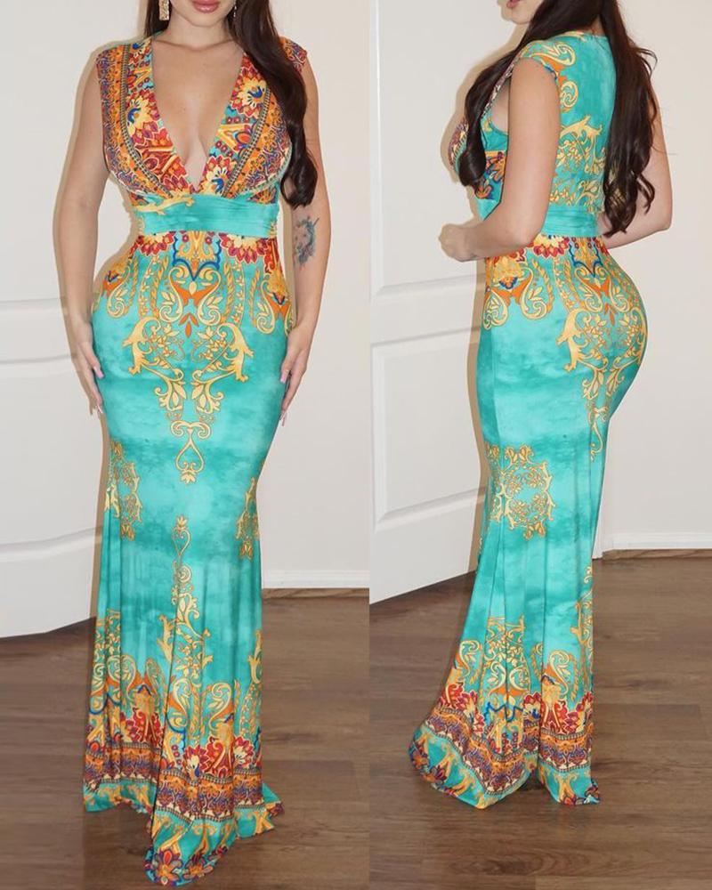 

Deep V Neck All Over Print Sleeveless Mermaid Dress, Multicolor
