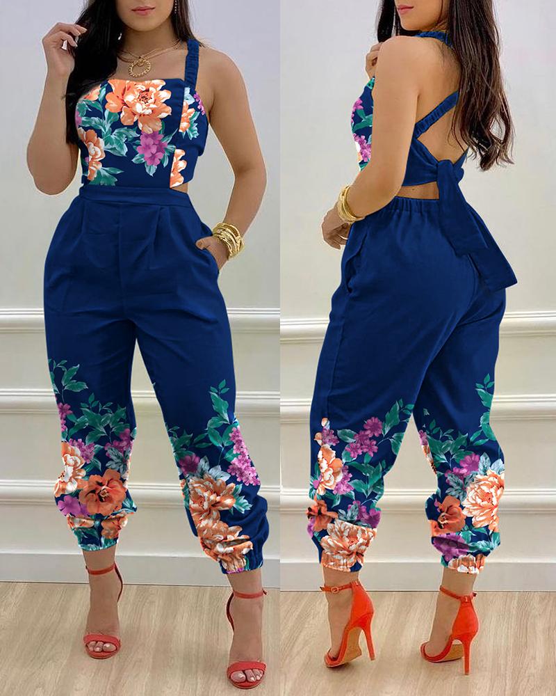 

Floral Print Crisscross Backless Jumpsuit, Blue