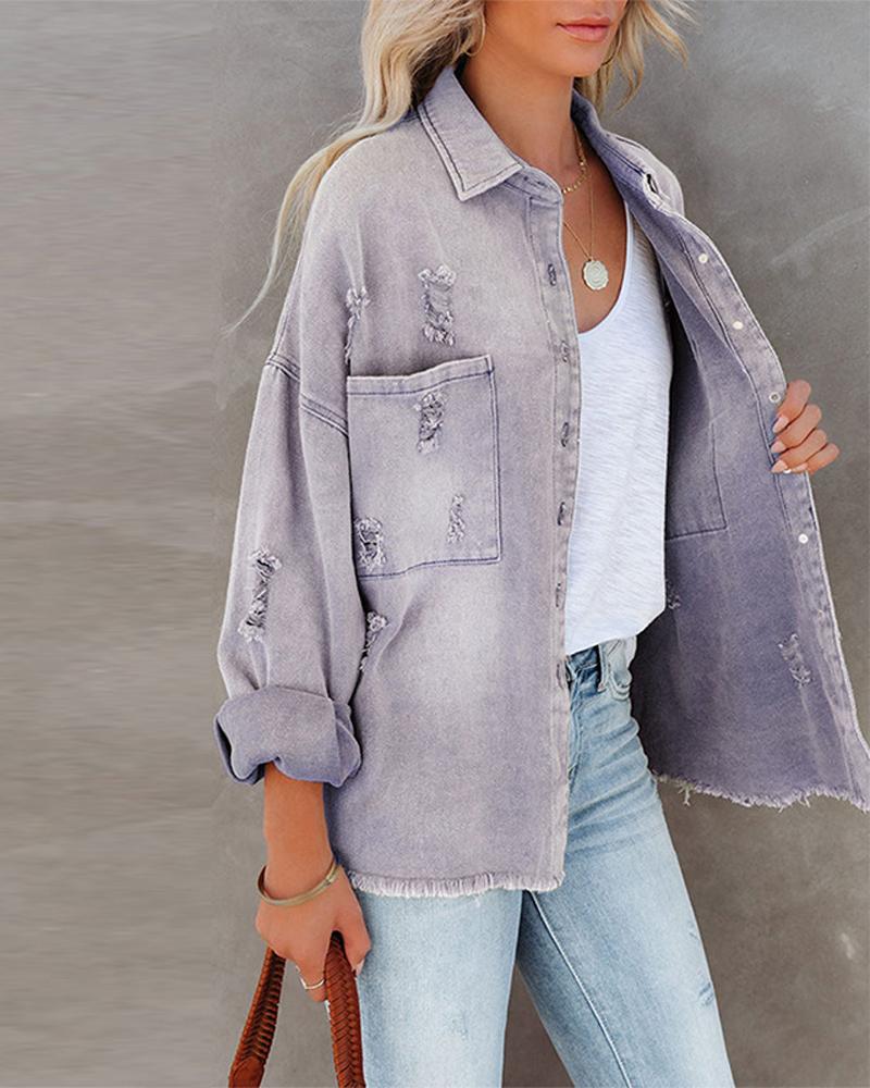 

Pocket Design Ripped Buttoned Denim Coat, Light purple