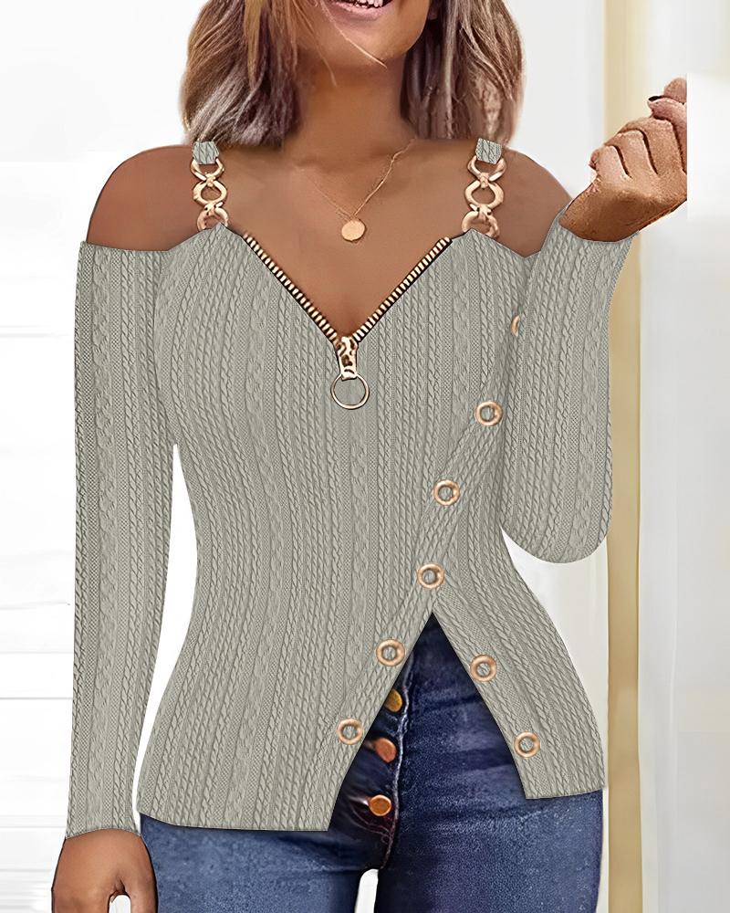 

Cold Shoulder Chain Decor Slit Cable Textured Top, Gray