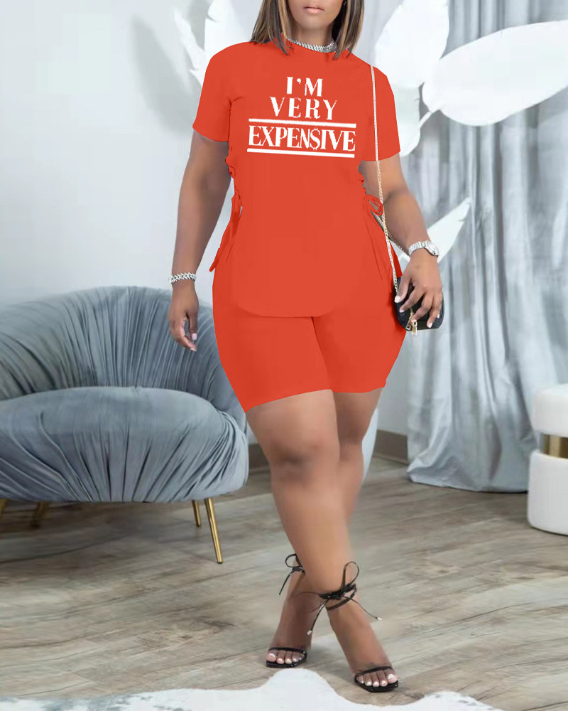 

Letter Print Eyelet Lace-up Split Hem Top & Shorts Set, Orange