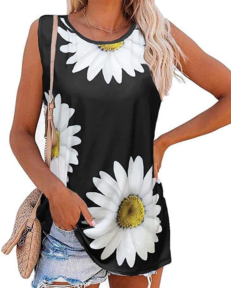 

Daisy Print Casual Tank Top, Black