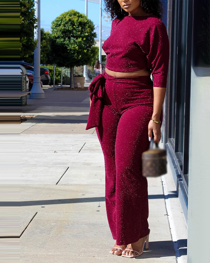 

Velvet Skew Neck Crop Top & Tied Detail Pants Set, Red