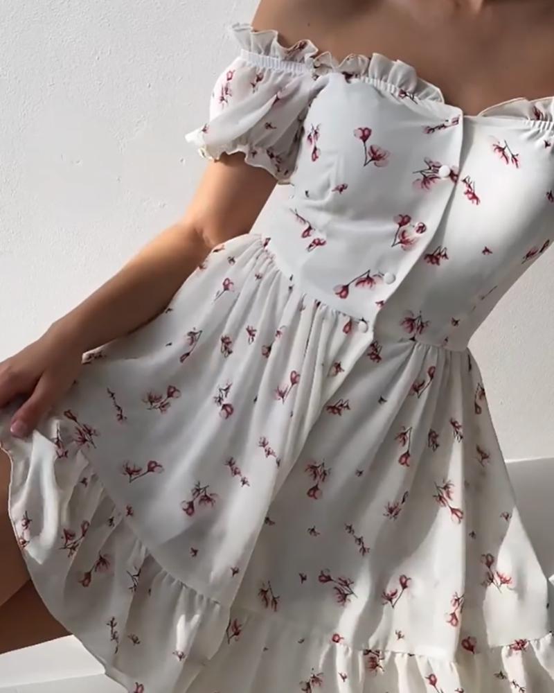 

Off Shoulder Floral Print Frill Hem Button Front Ruched Dress, White
