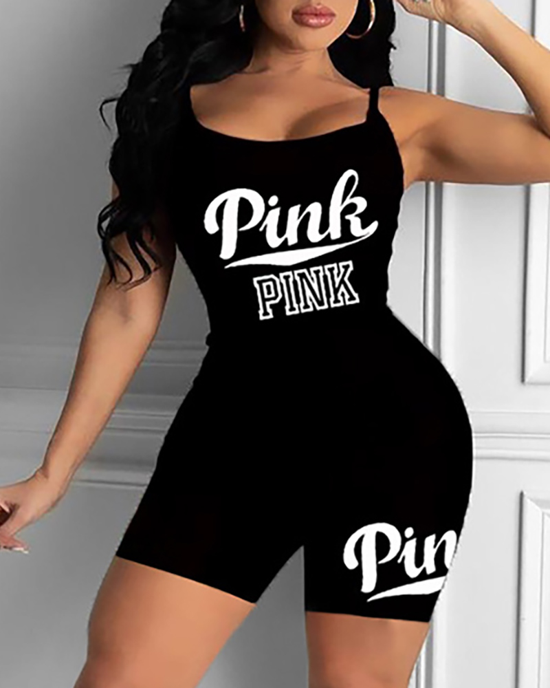 

Letter Print Spaghetti Strap U-Neck Romper, Black
