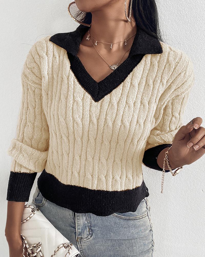 

Colorblock Turn Down Collar Knit Sweater, Apricot