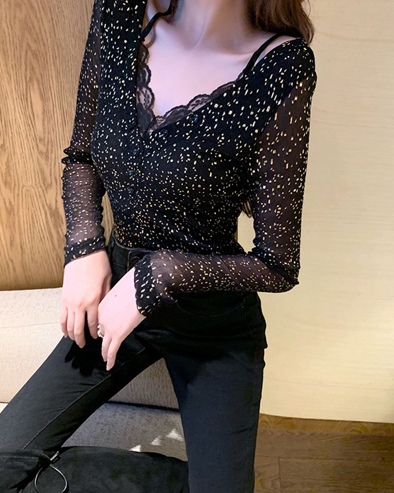 

Glitter V-Neck Long Sleeve Lace Top, Black