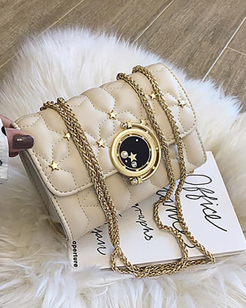

Star Pattern Beaded Quilted Chain Bag, White