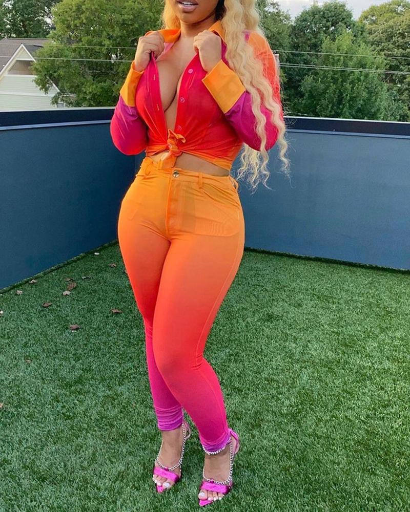 

Colorblock Buttoned Top & Skinny Pants Set, Orange