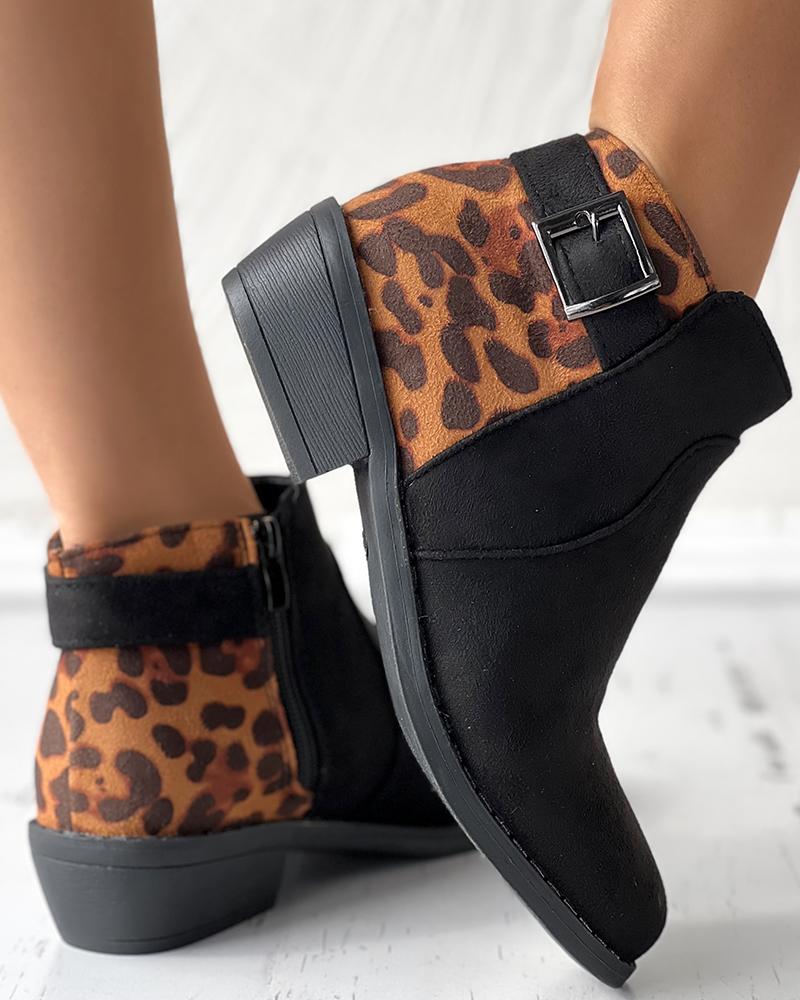 

Cheetah Side Zipper Buckled Martin Boots, Black&leopard