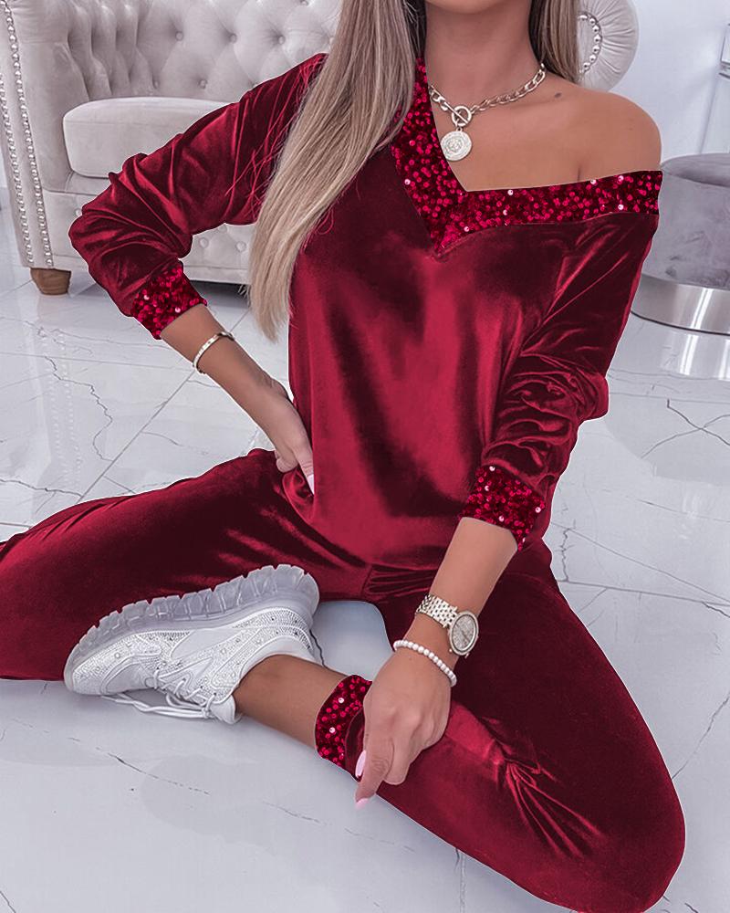 

Contrast Sequin Velvet Top & Pants Set, Wine red