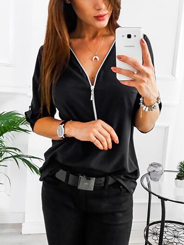 

Black Zipper Up Casual Blouse