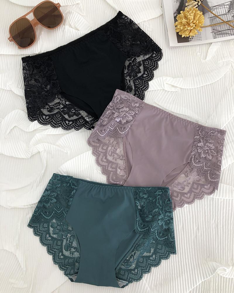 

3PCS/Set Crochet Lace Patch Seamless Brief Panty, Green