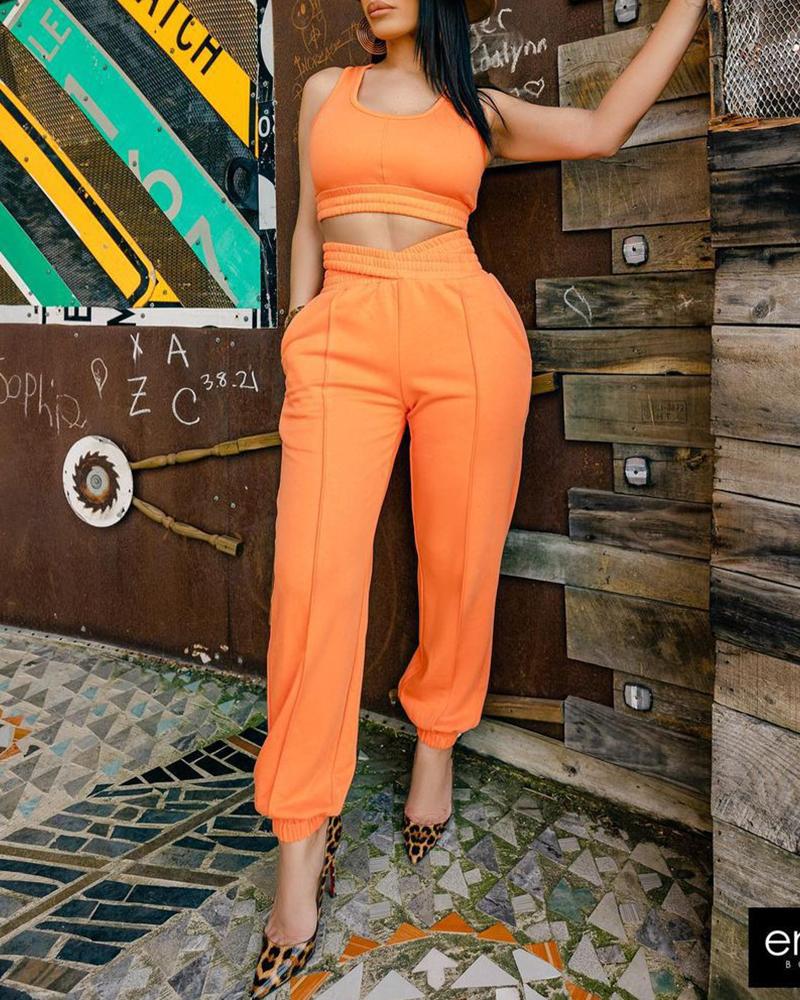 

Shirred Crop Top & Pocket Design Pants Set, Orange