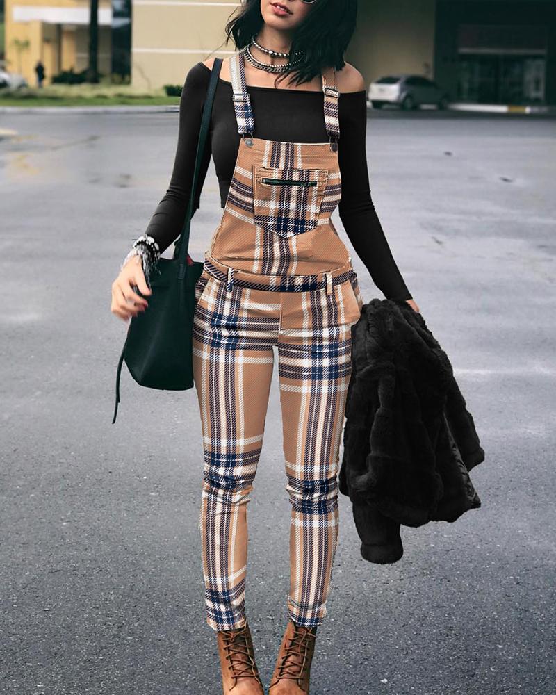 

Plaid Print Zipper Pocket Suspender Jumpsuit, Brown