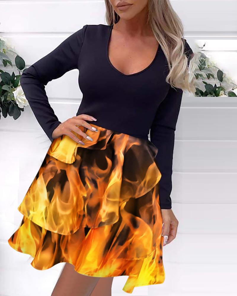 

Flame Print Long Sleeve Layered Ruffles Dress, Black