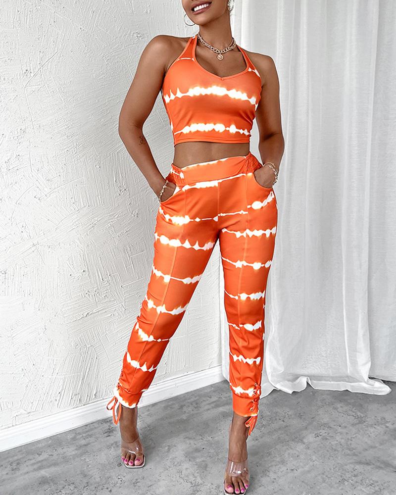 

Tie Dye Print Crop Top & Eyelet Lace-up Pants Set, Orange