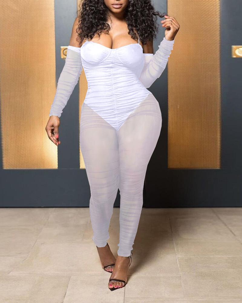 

Cold Shoulder Ruched Sheer Mesh Jumpsuit, White