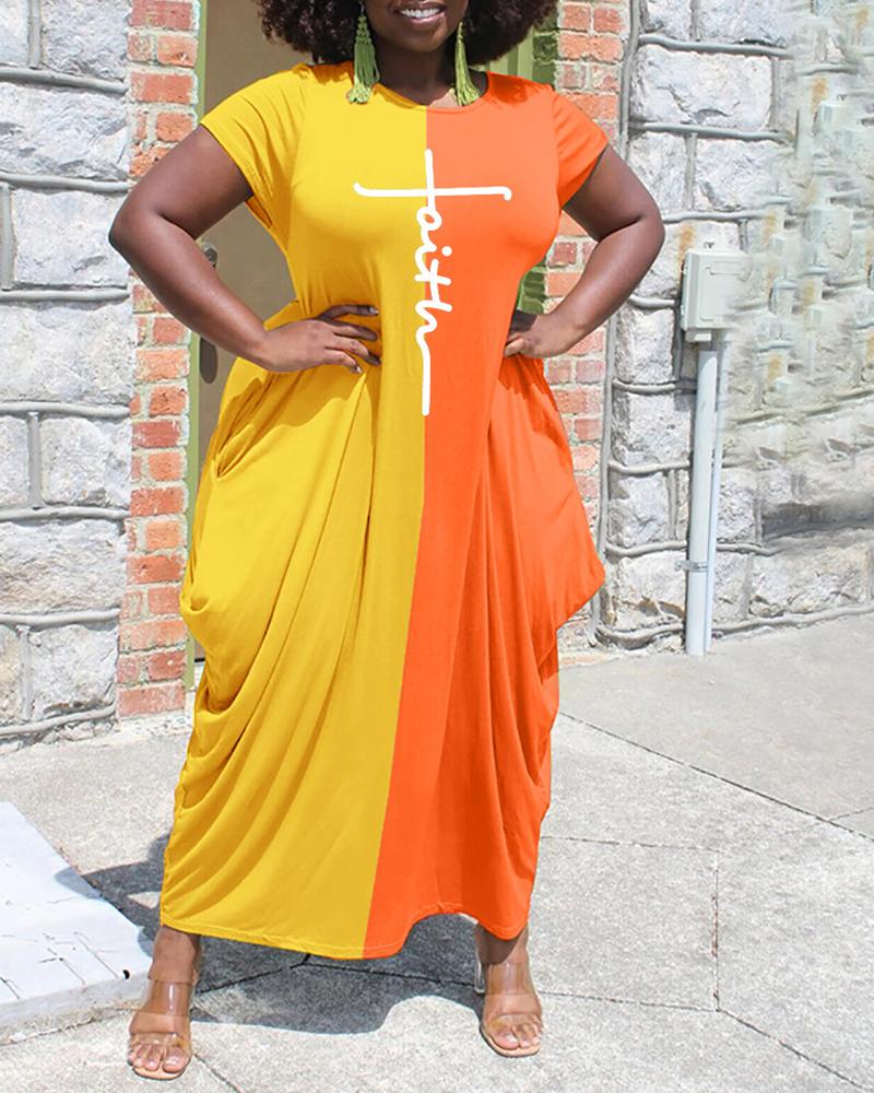 

Letter Print Colorblock Draped Casual Dress, Yellow