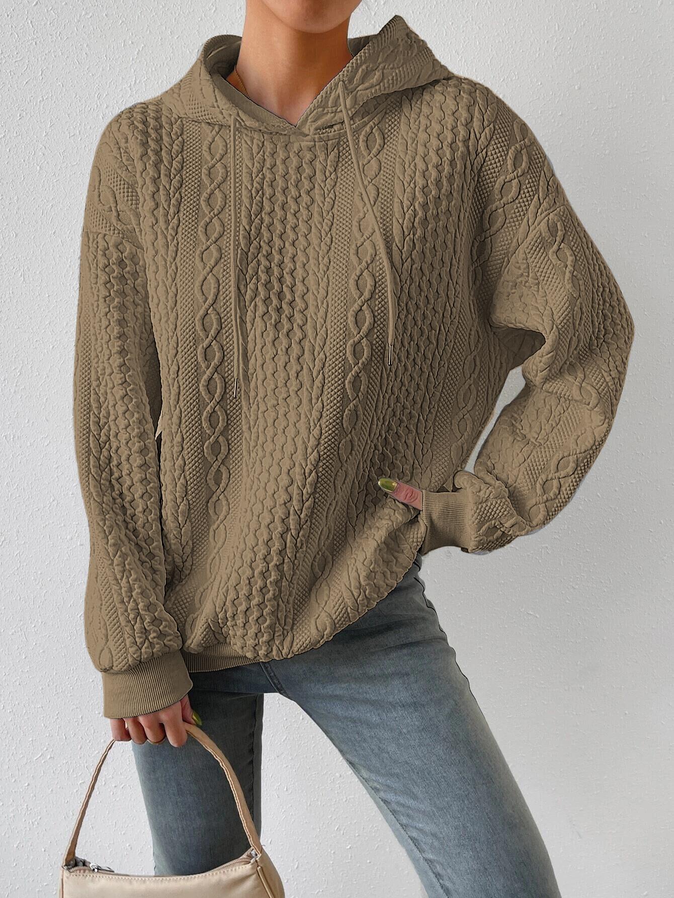 

Cable Textured Hooded Sweatshirt, Khaki