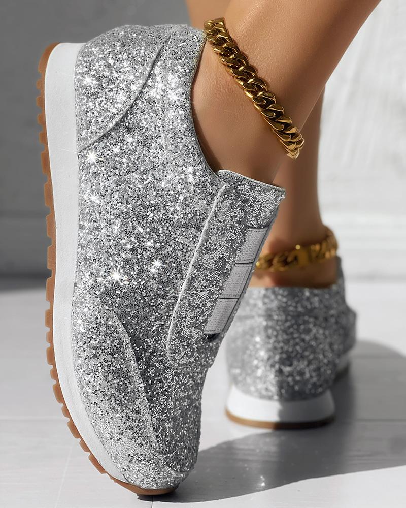 

Sequin Decor Glitter Round Toe Sneakers, Silver