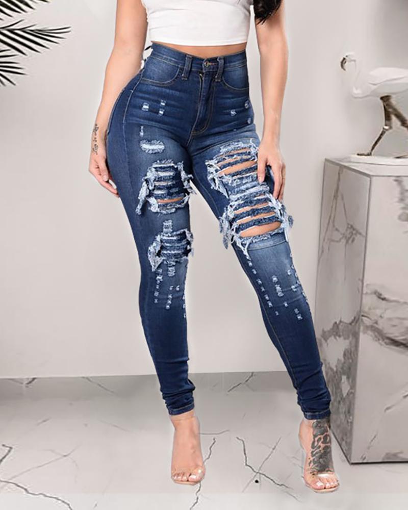 

Cutout Ripped High Waist Denim Pants, Dark blue