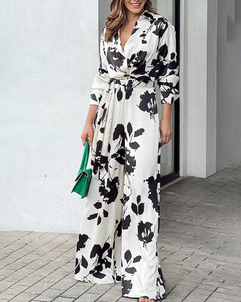 

Plants Print Wide Leg Jumpsuit With Belt, White