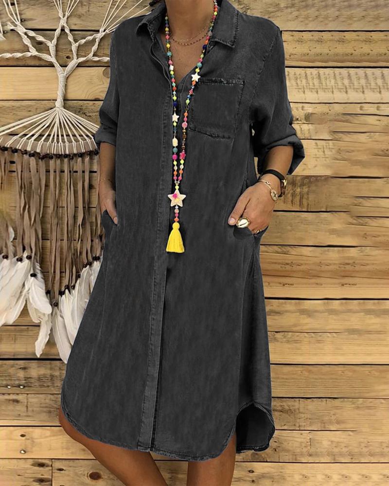 

Long Sleeve Button Down Denim Dress, Black